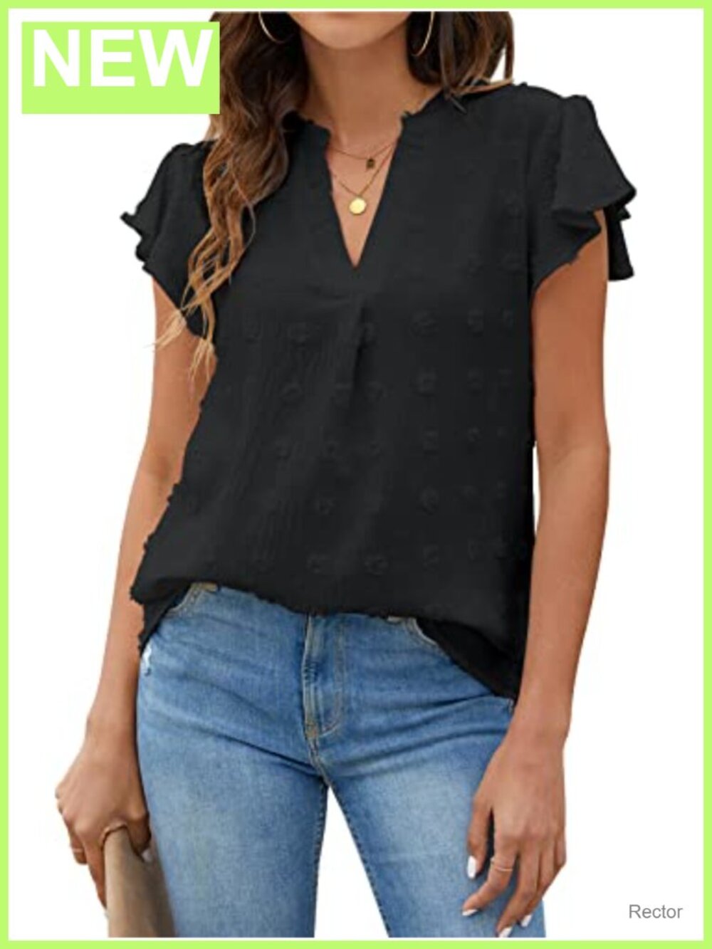 Womens Dressy Casual Blouse V Neck Ruffle Sleeve Swiss Dot Top